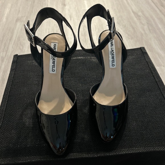 Karl Lagerfeld Shoes - Karl Lagerfeld Black Patent Leather Ankle Strap Heels